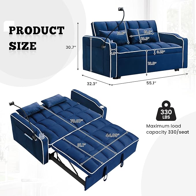 TTK 3-in-1 Convertible Velvet Sleeper Sofa Bed Pull-Out Loveseat with Adjustable Backrest USB Port &amp 2 Pillows Swivel Phone Stand &amp Storage Pockets Modern Futon Couch for Living Room Blue