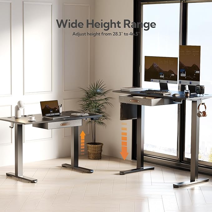 Seang Standing Desk with Drawer 48 x 24 Height Adjustable Stand Up Desk 3 Memory Height Settings with Cable Grommets &amp Storage Hooks Ideal for Home &amp Office Black