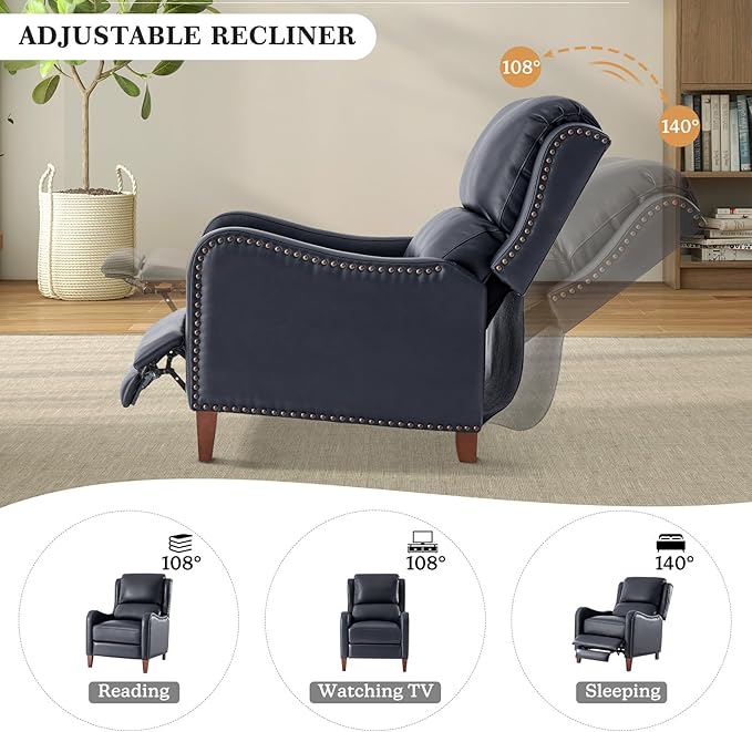 HULALA HOME Genuine Leather Recliner Chair Modern Push Back Recliner Armchair with Thick Seat Backrest &amp Footrest Nailhead Decor for Living Room Bedroom Navy