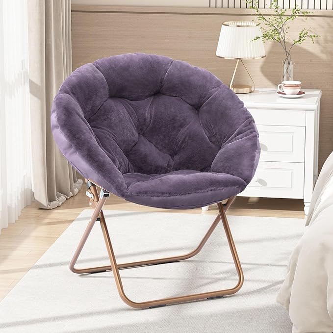 Cozy Saucer Chair Living Room Chair Faux Fur Soft Thick Padded Seat Metal Frame Folding Chair Comfortable Moon Chair for Living Room Bedroom Reading Nook Modern Style 2 Pack Purple