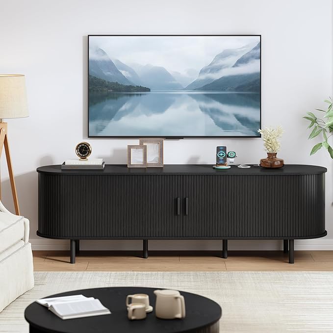 70.8 TV Stand with Power Outlet Mid-Century Modern Television Stand Fluted Media Console with Sliding Doors Entertainment Center for TVs up to 60 Inch Adjustable Shelves Black