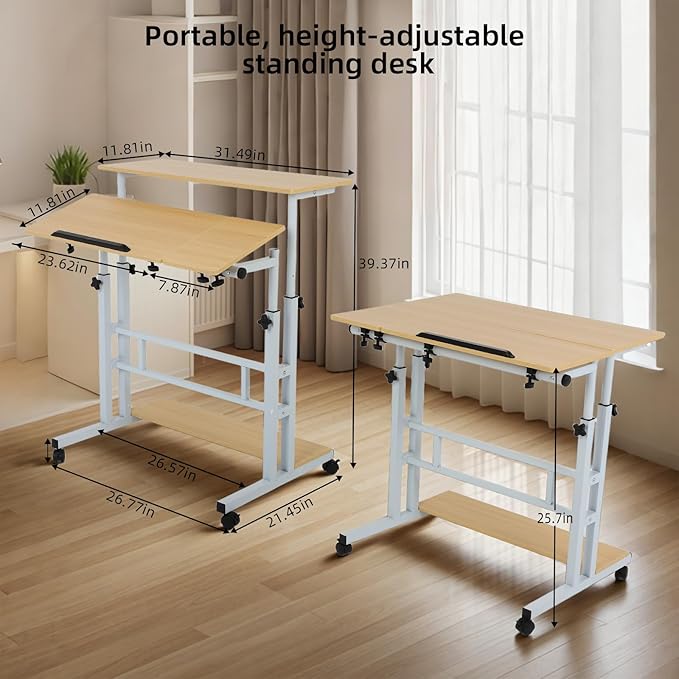 FAHKNS Small Standing Desk Portable Stand Up Desk with Wheels Adjustable Height Computer Desk for Home Reading Desk and Office Work