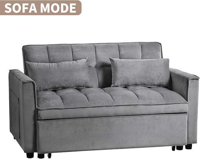Dark Gray Velvet Pull Out loveseat Sleeper Sofa Bed Convertible Twin Sleeper Chair 3 in 1 Adjustable Backrest with Pillows Pockets Armrests Hidden Stroge for Living Room