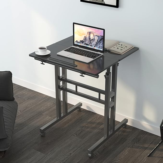 soges 23.6inches Height Adjustable Desk Laptop Desk on The Wheels Rolling Stand Up Desk Computer Desk Adjustable Standing Desk Sit and Stand Desk Portable Laptop Table Black