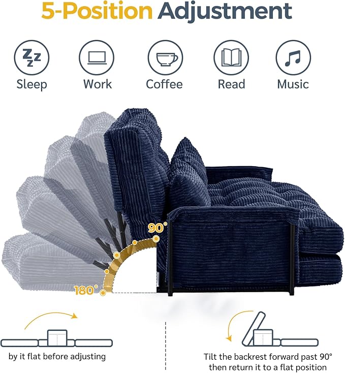 MAXYOYO Adjustable Floor Sofa Couch with 2 Pillows Multi-Functional Bean Bag Bed 5-Position Foldable Lazy Sofa Sleeper Bed with Armrest Versatile Floor Seating for Reading Navy Double