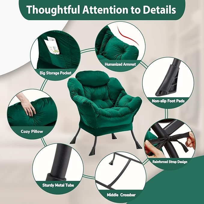 Lazy Chair Thick Padded Comfy Velvet Accent Lounge Chair with Stable Frame Leisure Sofa Armchair with Armrests and Side Pocket Reading Chair for Bedroom Living Room Office Green
