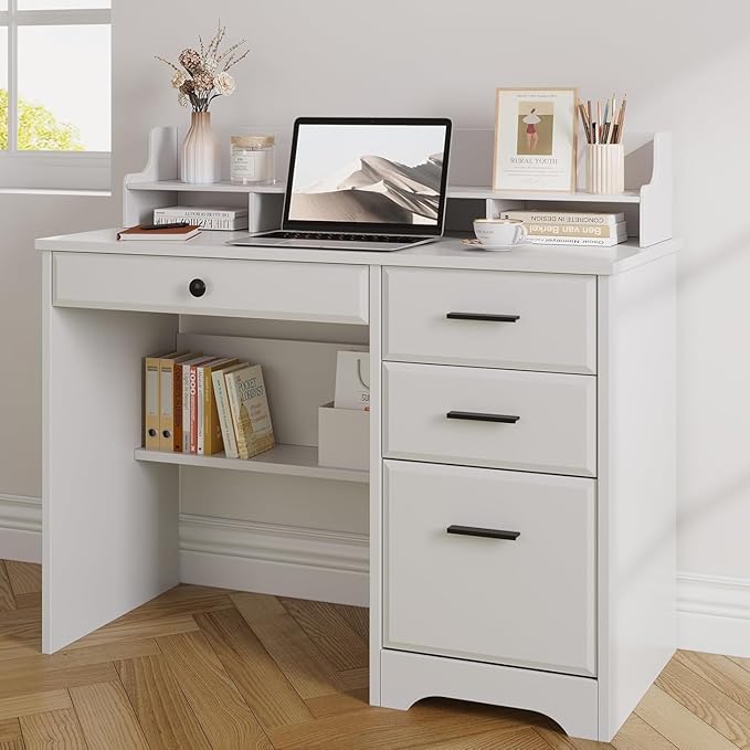 4 EVER WINNER White Desk with Drawers Home Office Desk for Bedroom Wood Desk with File Cabinet &amp Monitor Stand for Small Places White