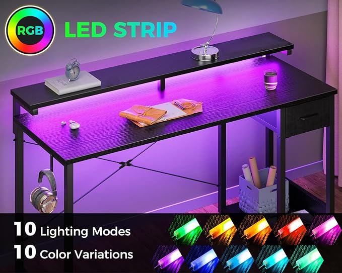 AODK Gaming Desk with LED Lights 55 Inch Computer Desk with Drawers Reversible Small Desk with Monitor Stand &amp Headphone Hook for Home Office Black