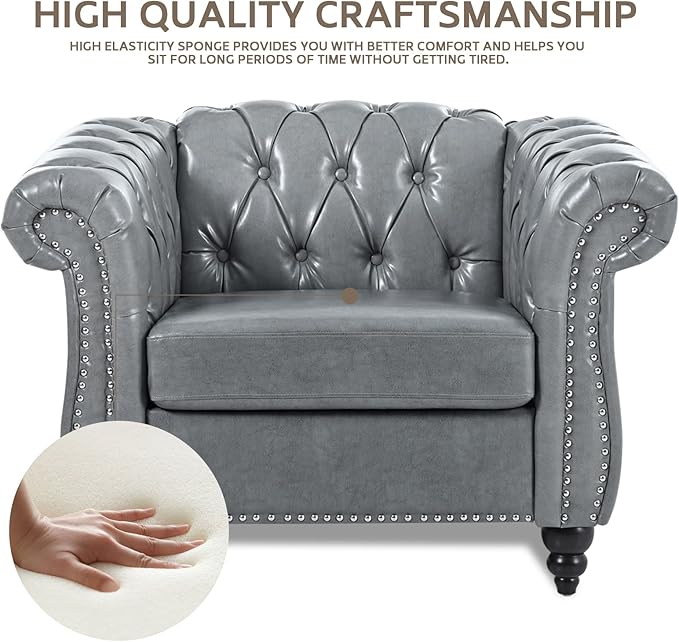 Gray Chesterfield Accent Chair Faux Leather Upholstered Tufted Wingback Club Chair Mid-Century Modern Living Room Chair with Sturdy Wood Frame Comfy Oversized Armchair for Bedroom Office