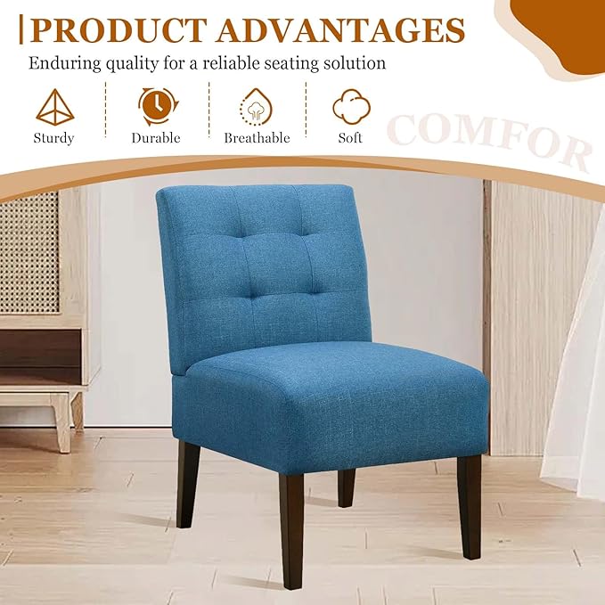 Modern Accent Chair for Living Room Upholstered Armless Slipper Chair with Back &amp Wood Legs Comfy Small Chair for Bedroom Living Room Reading Spaces Office (Blue2)