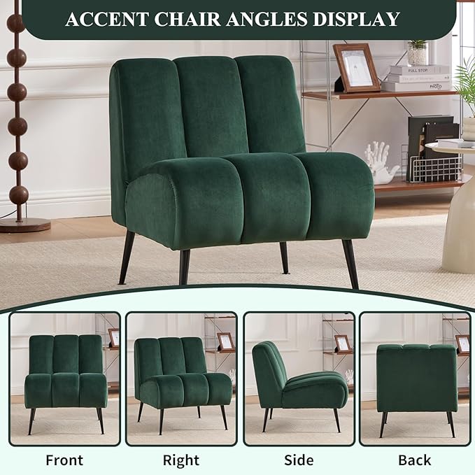 Modern Accent Chair Velvet Upholstered Fuzzy Club Chairs with Tufted Design Comfy Living Room Chair with Metal Legs Padded Reading Chair for Reading Room (Green-Velvet)
