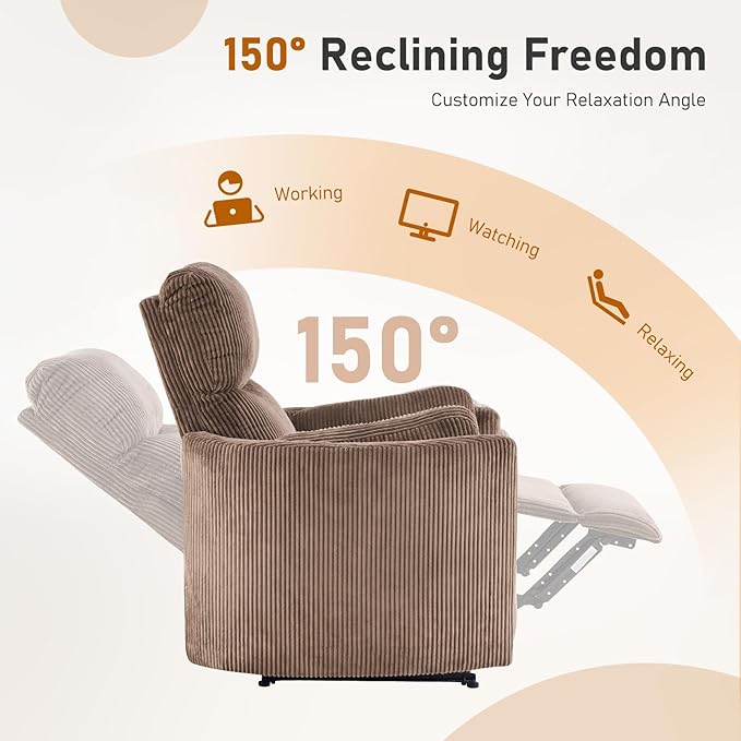 Furnimart Oversized Manual Recliner Chair for Adults 30 Extra-Wide Corduroy Recliner with Chunky Cushion High Back &amp Padded Armrests Comfy Chair for Living Room Bedroom Home Heater(Brown)