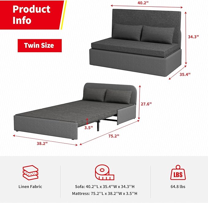 PUREMIND Twin Size Pull Out Sleeper Sofa Bed Linen Convertible Small Sofa Beds with Foldable Mattress Chair Bed Couch Pull Out Beds with 2 Cushions for Small Place Apartment Office