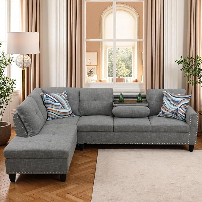 L-Shaped Sectional Sofa Modern Sectional Couches Home Sofas for Living Room with Movable Chaise Modular Living Room Sets Furniture for Apartment Bedroom &amp Office Brown Grey