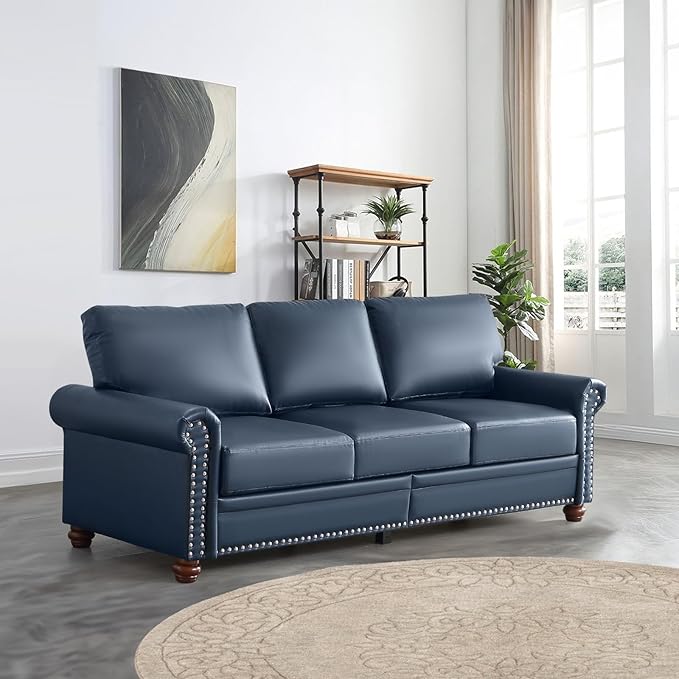 Faux Leather Sofa82 W Mid Century Modern Couch with Storage PlaceOversized 3 Seater Sofa with Nailhead Trim&ampRolled ArmrestsDeep Seat Comfy Couch for Living RoomBedroomApartmentOffice(Navy)