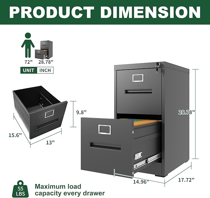 2 Drawer File Cabinet with Lock Metal Vertical Filing Cabinets Office Home A4 Legal/Letter Size Narrow File Cabinets LockedAssembly RequiredBlack