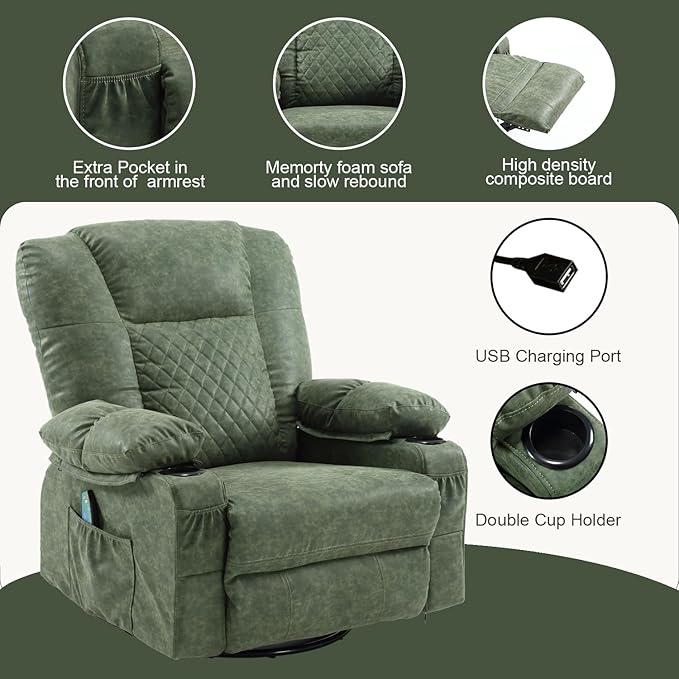 Faux Leather Swivel Rocker Recliner with Heat and Massage Cup Holders Overstuffed Rocking Glider Chair Heated Massaging Reclining Chair Green