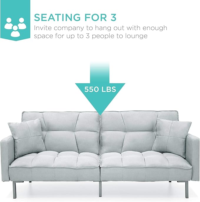 Best Choice Products Convertible Linen Fabric Tufted Split-Back Plush Futon Sofa Furniture for Living Room Apartment Bonus Room Overnight Guests w/ 2 Pillows Wood Frame Metal Legs - Light Gray
