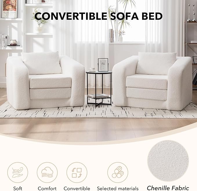Convertible Sofa Bed Chenille Upholstered Pull Out Sofa Bed with Pillows 2-in-1 Sofa Chair with Minimalist Design Comfy Folding Mattress Couch for Apartment (Ivory Single Sofa Bed)