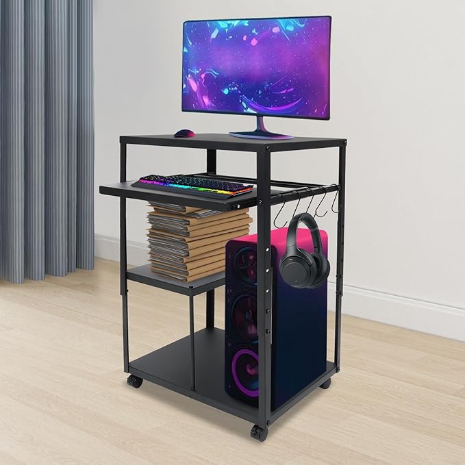 Computer Desk 4 Tiers Steel Freestanding Home Office Desks Adjustable Height 30.7-41.3inch Computer Desk with Four 360° Swivel Wheels and 5 Hooks for Conference Rooms Classrooms Libraries