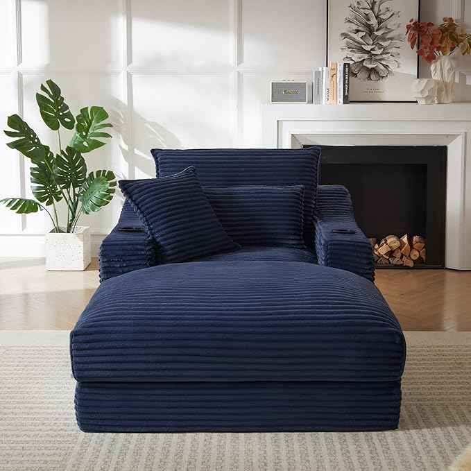 67.7 Oversized Chaise Lounge Chair Indoor Modern Corduroy Single Sleeper Couch Chair with 3 Soft Pillows＆Cup Holder Boneless Cloud Couch Single Seat Sofa for Living Room Bedroom (Blue)