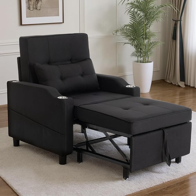 Sleeper ChairSingle Armchair Sofa with PillowAdjustable Backrest Recliner Sofa Modern Pull Out Couch Bed with USB Port Cup Holder Side Pocket for Living Room Bedroom(Black)
