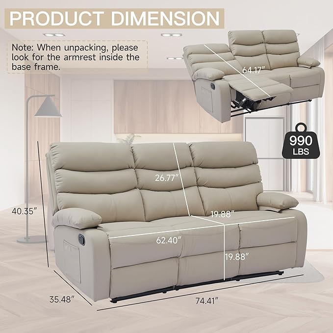 Loveseat Recliner Sofa Set Small Leather Couch 3-Seater Manual Seater Reclining Triple Recliner Chair for Living Room RV Home Theater Seating(Beige 3 Seater Sofa)