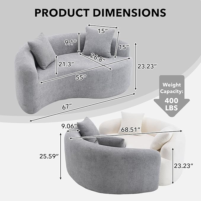 67 Modular Sectional Loveseat Sofa Chenille Upholstered Cloud Couch with S-Shaped Cushion Boneless Couch Sleeper Deep Seat Sofa with Throw Pillows for Living Room (Light Gray) | Chenille Comfortab