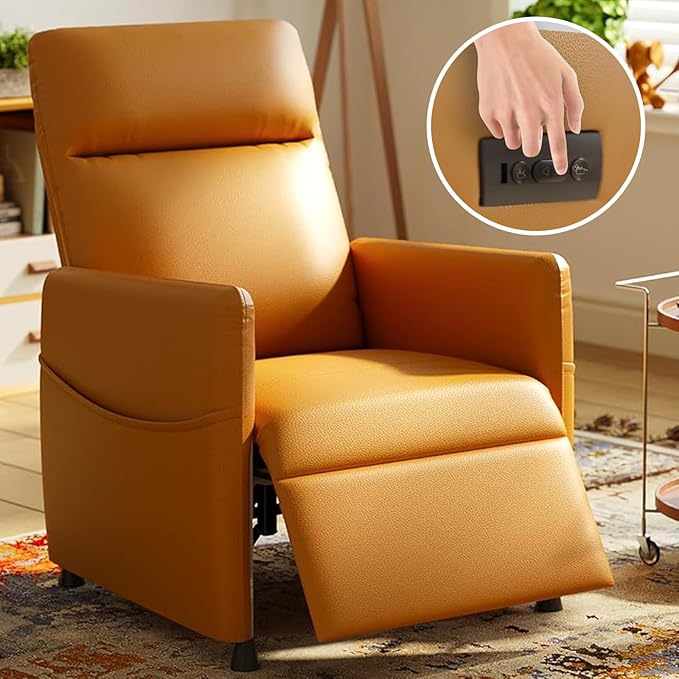 Black Power Recliner Chairs for Adults Lash Chair &amp Lay Flat Recliner for Small Spaces Living Room Bedroom Offices Theater Adjustable Footrest &amp Backrest/Side Pockets/USB (Brown)