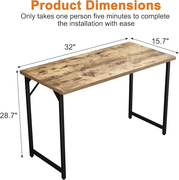 Grandder 32 inch Computer Desk Small Home Office Desk Study Writing Kid Table for Small Spaces Simple PC Work Desk Adjustable Feet Rustic Brown