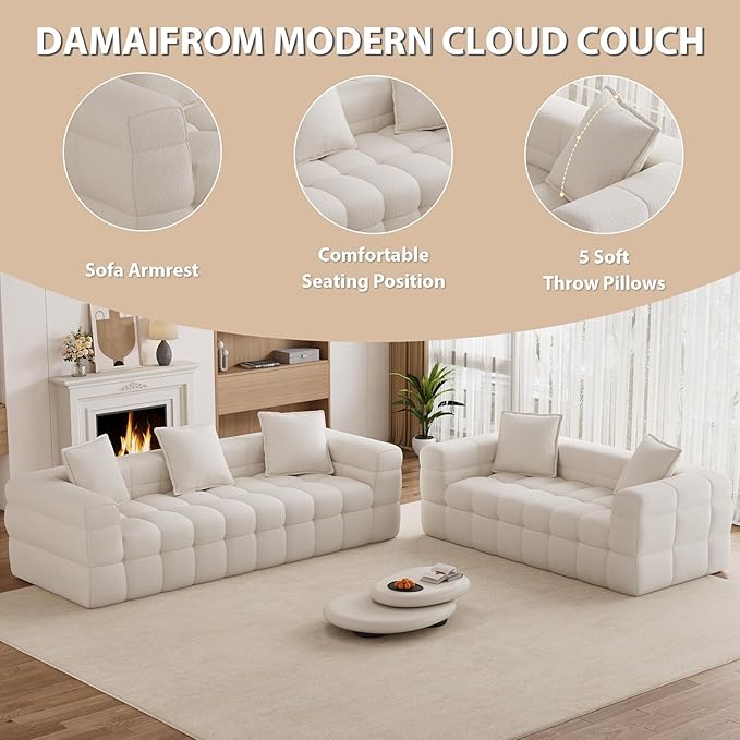 Chenille Cloud Sofa Couch Set with 5 Soft PillowsComfy Upholstered LoveSeat Sofa SetModern Deep Seat Sherpa Cloud Couch Oversized Love Seat for Living RoomBeige White