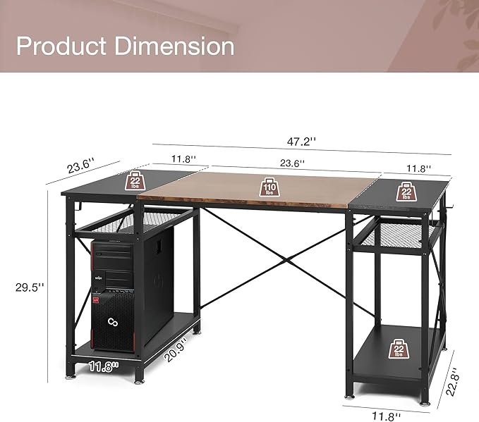 LUCKYERMORE 47 Inch Home Office Computer Desk Small Study Writing Desk with Storage Shelves &amp 4 Hooks Rustic Black Design Perfect for Small Spaces