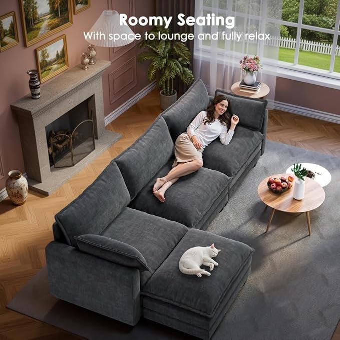 Marsail Modular Sectional Sofa 110.6 U-Shaped Modern Comfy Cloud Couch 5-Seat Chenille Deep Seat Sofa with Throw Pillow &amp Movable Ottoman for Living Room Bedroom and Apartment Charcoal Gray