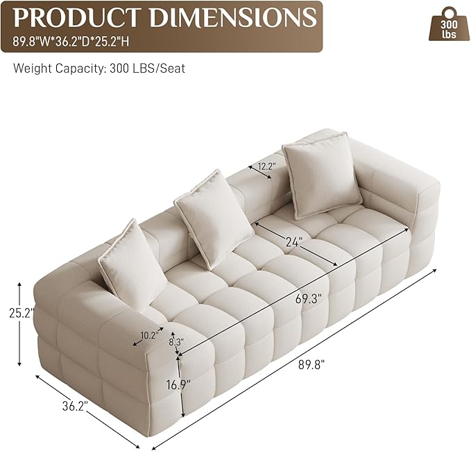 Cloud Sofa 91.3 Comfy Chenille 3 Seater Deep Seat CouchBoneless Cloud Couch Modern Compression Sofa for Living Room No Assembly Required Beige White