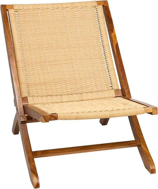 TeakCraft Teak Rattan Lounge Chair – Foldable Handcrafted Solid Wood Accent Chair with Woven Seat – Mid-Century Modern Recliner for Indoor &amp Outdoor Use The Ediz