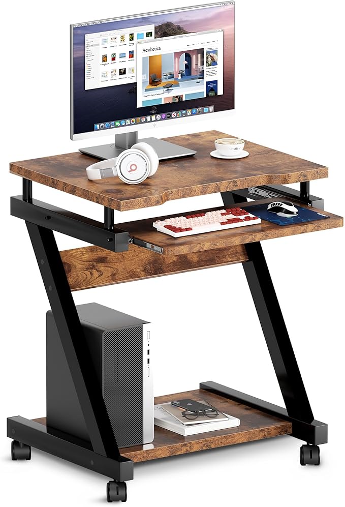 sogesfurniture Small Mobile Computer Desk with Keyboard Tray Z-Shaped Compact Study Table Rolling Workstation for Home and Office with Printer Shelf Keyboard Drawers Rustic Brown