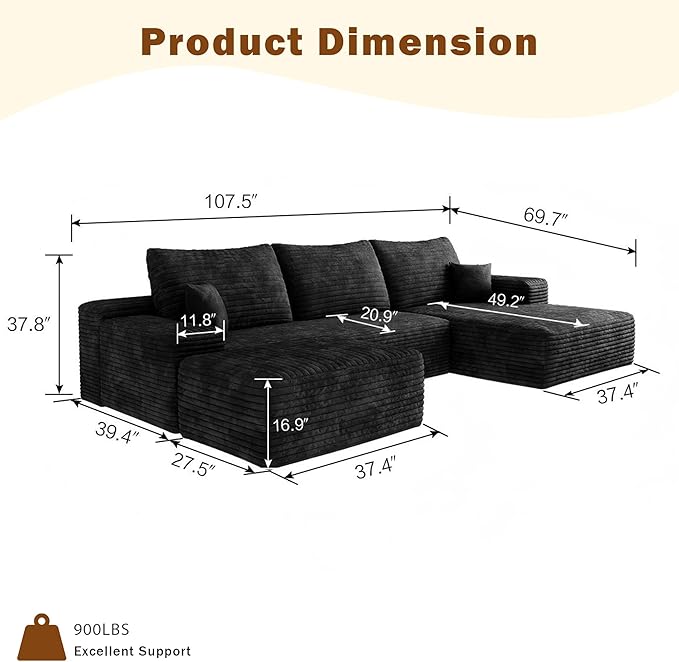 108 W Corduroy Sectional Boneless Cloud Couch with Chaise &amp Ottoman No Assembly Required U Shaped Modular Sectional Sofa Cozy Fluffy Sofa for Living Room (Black Right Facing Chaise+Ottoman) |