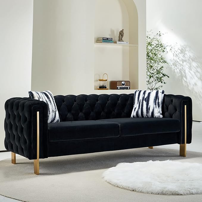 Dolonm Modern Velvet Sofa for Living Room 84 Inches Long Tufted Couch Upholstered Sofa with 2 Pillows High Arm and Metal Legs Decor Furniture for Bedroom Office (Black)