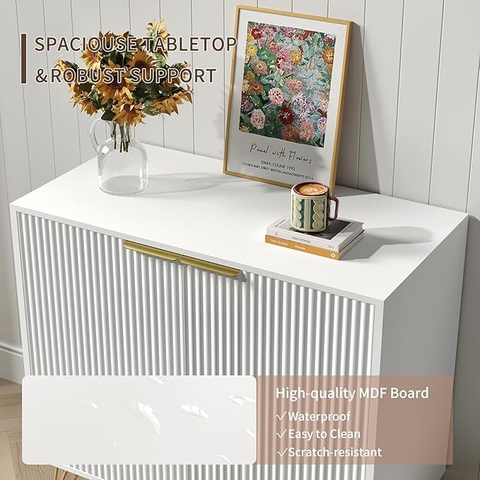 Fluted TV Stand for 60 Inch TV Modern TV Stand White Entertainment Center w/ 2 Storage Cabinets Adjustable Shelves &amp Gold Handles Wood Media Cabinet for Living Room White