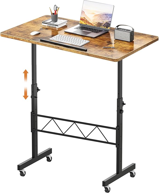 GTPLAYER Small Standing Desk Adjustable Height 30.7-46.4 Portable Computer Table Mobile Desk Workstation Stand Up Desk with Wheels Compact Rolling Table for Home Work Treadmill Walking Pad Brown
