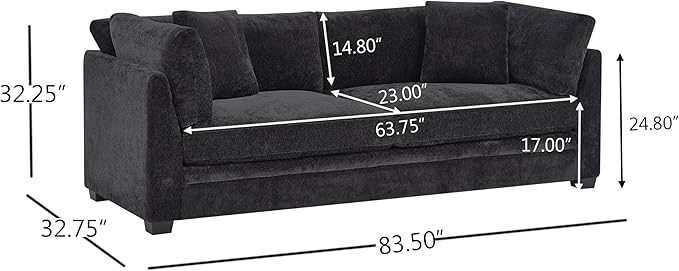 Christopher Knight Home Masie Chenille Upholstered 3 Seater Sofa Couch Wooden Home Sofa Living Room Comfy Cloud Couch for Bedroom Home Office Black