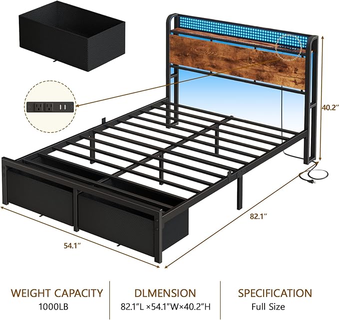 Furnulem Full Size Bed Frame with Headboard Storage Platform Bed Frame Full Size with 2 Drawers Charging Station and LED Lights No Box Spring Needed Noise Free Easy Assembly (1000 lbs Capacity)