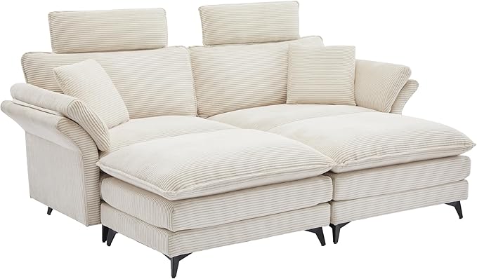 Deep Seat Sectional Sofa Comfortable Cloud Sofa with Ottomans loveseat Sofa 85.8''Modern Corduroy Upholstered Sectional Sofa for Living Room Apartment Studio Office (Beige)