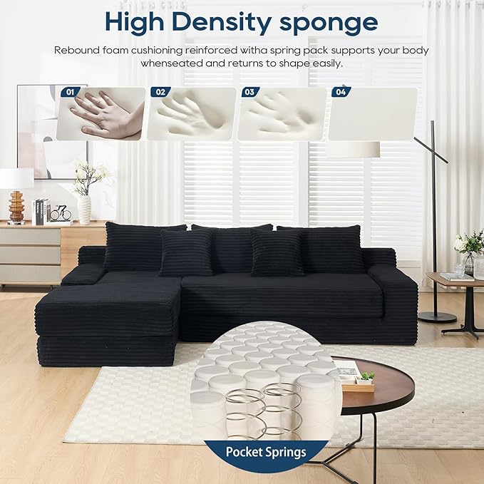 ‌104 3-Seater L-Shaped Modular Sectional Sofa with Chaise Convertible Sleeper Sofa Bed with Memory Foam &amp Floor Couch Comfy Corduroy Deep Seat Couch for Living Room No Assembly RequiredBlack