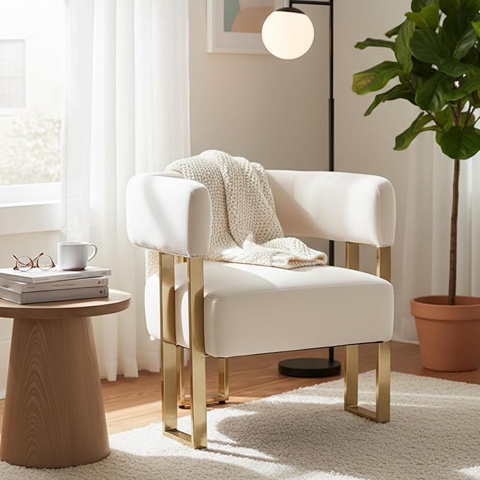 Barrel Accent Chair with Metal Frame Legs Modern Velvet Living Room Chairs Mid Century Upholstered Single Lounge Sofa Armchair for Living Room/Bedroom/Reading Room Beige