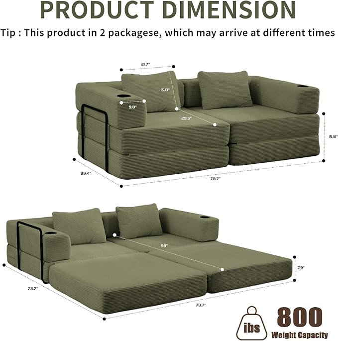 78 Loveseat Sleeper Sofa 4 in 1 Convertible Floor Sofa Bed Boneless Cloud Couch with Cup Holder Fold Out Floor Couch for Living Room Bedroom Lounge Corduroy Olive
