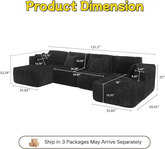 132 U Shaped Boneless Couch Cloud Sectional Modular Sofa with Double Chaise Lounge Flannel Cloud Couch with Pillows &amp Deep Seat Boneless Sofa for Living Room Flannel Black