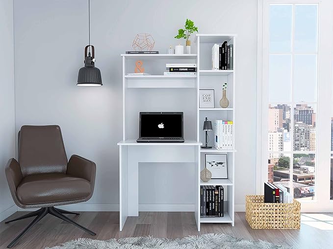 Bellemave Computer Desk with Hutch and Bookshelf Home Office Desks with 6 Storage Shelves Writing Study Desk Table Modern Compact Workstation Bookshelf Desk White