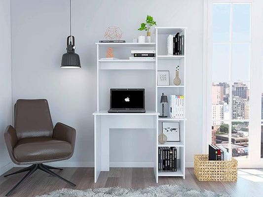 White 6-Shelf Writing Work Study Desk with Built-in Bookcase Home Office Furniture for Study and Home Office White Finish