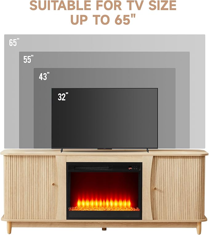 Fireplace TV Stand Fluted TV Stand with Storage and Sliding Door Farmhouse Entertainment Center Media Console Table for Living Room (Natural)